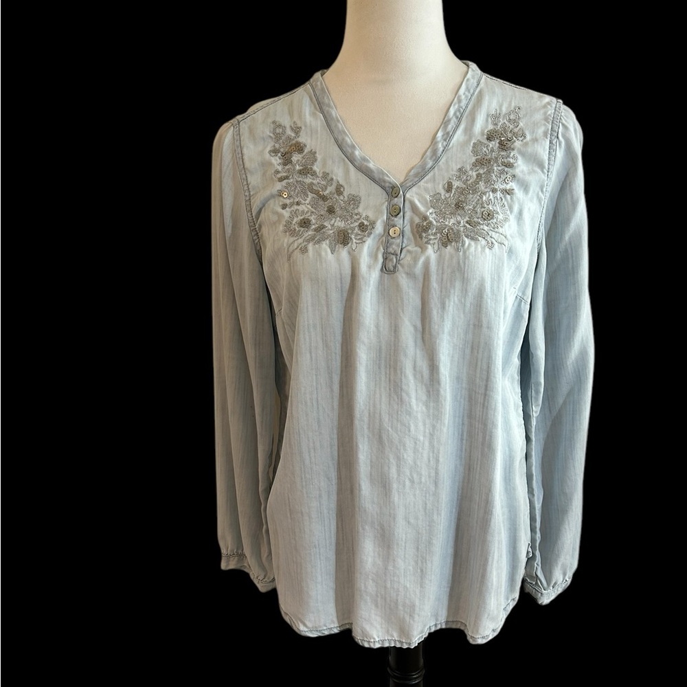 Chico’s Embroidered Light Blue Chambray Top with Sequins
